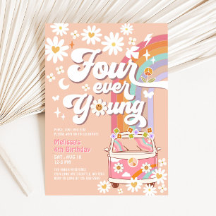 Four Ever Young Groovy Daisy Rainbow 4de Verjaarda Kaart