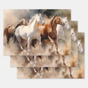 “Four Galloping Mustangs” Stof western waterverfsc Inpakpapier Vel