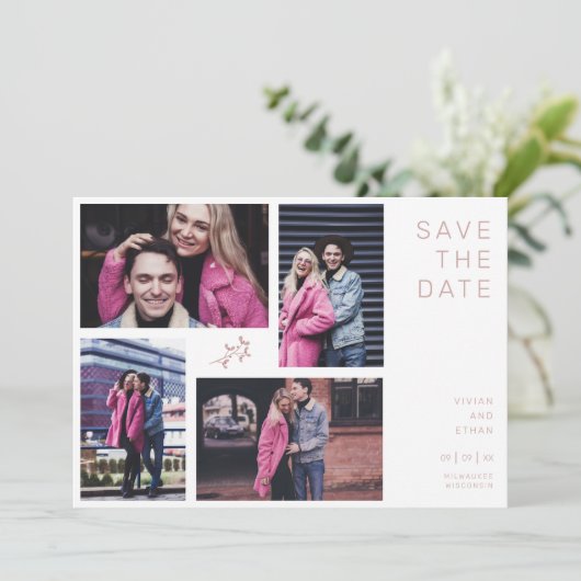 Four Photos Modern Minimalist Collage Wedding Save The Date (Staand voorkant)