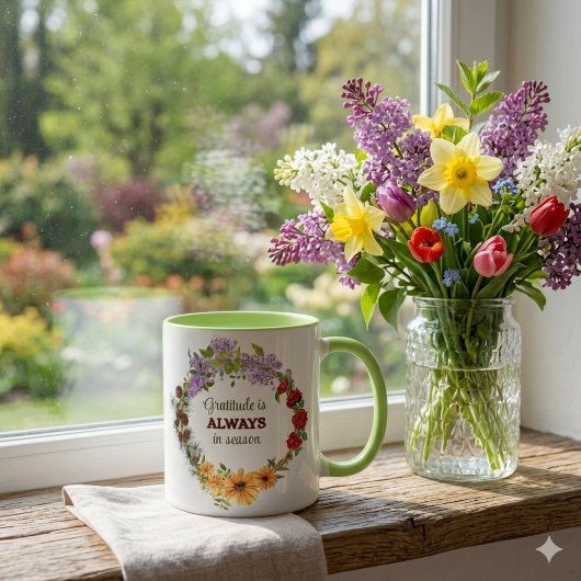 Four Seasons Floral Wreath Gratitude Quote Mug