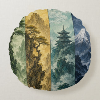 Four Seasons Mountain | Japans inktlandschap Rond Kussen