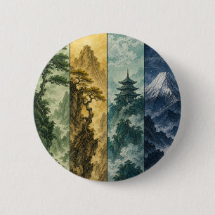 Four Seasons Mountain Japans inktlandschap Ronde Button 5,7 Cm
