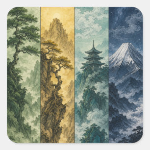 Four Seasons Mountain   Japans inktlandschap Vierkante Sticker