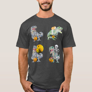 Four Skeleton Riding Mummy Dinosaur T re Halloween T-shirt