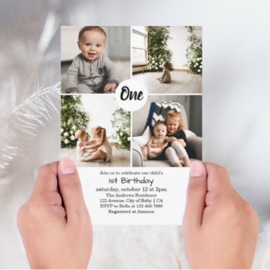 Four Square Photos Collage 1st Birthday Invitation Kaart