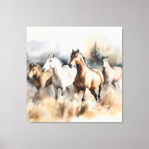 “Four Wild Mustangs” Stof western waterverfschilde Canvas Afdruk