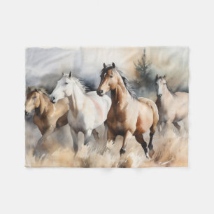 “Four Wild Mustangs” Stof western waterverfschilde Fleece Deken