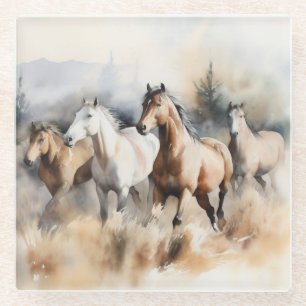 “Four Wild Mustangs” Stof western waterverfschilde Glazen Onderzetter