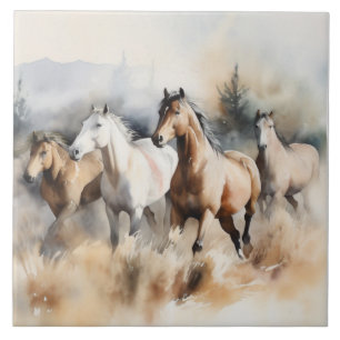 “Four Wild Mustangs” Stof western waterverfschilde Tegeltje