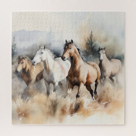 "Four Wild Mustangs" Stoffige Westerne aquarel Legpuzzel (Verticaal)