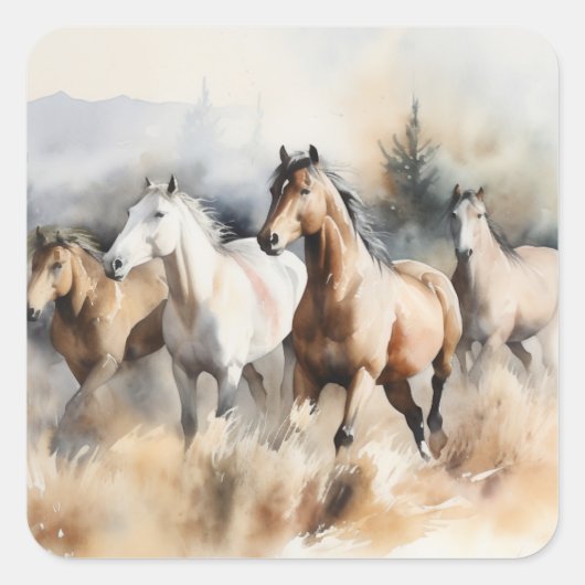 "Four Wild Mustangs" Stoffige Westerne aquarel Vierkante Sticker (Voorkant)