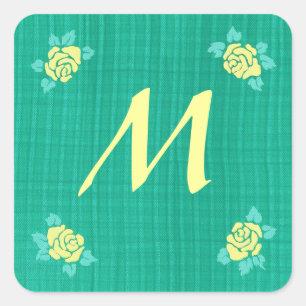 Four Yellow Roses Green Blauwgroen Plaid Initiaal  Vierkante Sticker