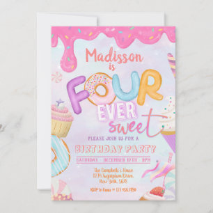 Fourever Sweet Girl 4th Birthday Invitation Kaart