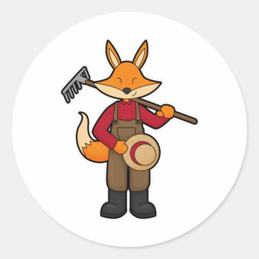 Fox als boer met rake en Pet Ronde Sticker (Voorkant)