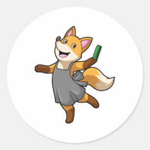 Fox als hairdresser met schaar ronde sticker