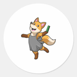 Fox als hairdresser met schaar ronde sticker