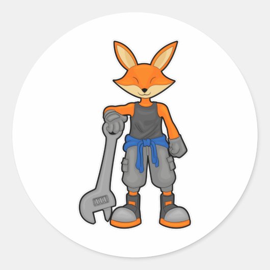 Fox als Mechanic met Spanner Ronde Sticker (Voorkant)