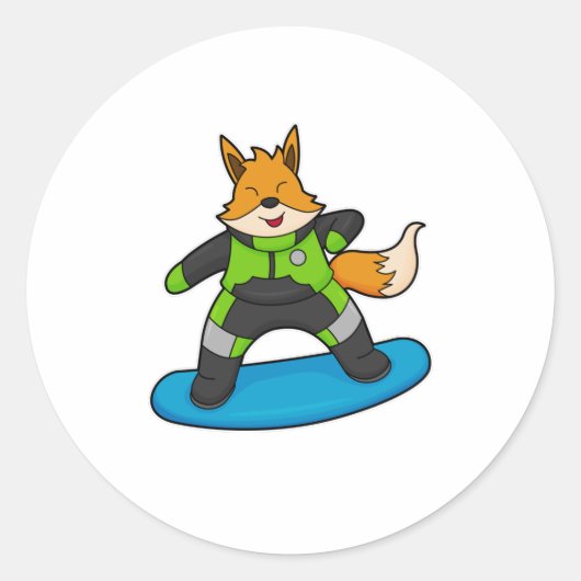 Fox als Snowboarder met Snowboard Ronde Sticker (Voorkant)