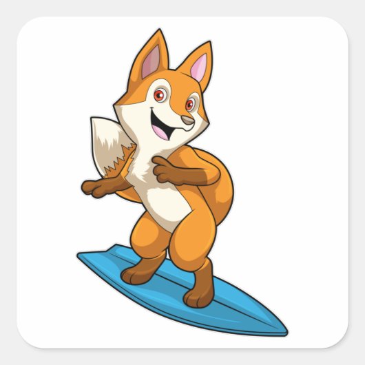 Fox als surfer met surfboard vierkante sticker (Voorkant)