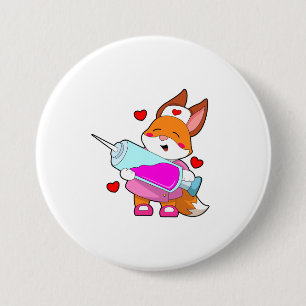 Fox als verpleegster met spuit ronde button 7,6 cm