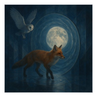 Fox and Barn Owl Under the Moonlit Portal – GeoWil Perfect Poster