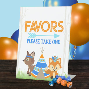 Fox and Deer Blue Woodland Party Favor Reclamebord Met Voetstuk