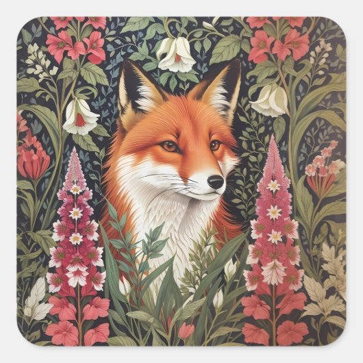 Fox and Foxglove Bloemen William Morris Geïnspiree Vierkante Sticker (Voorkant)