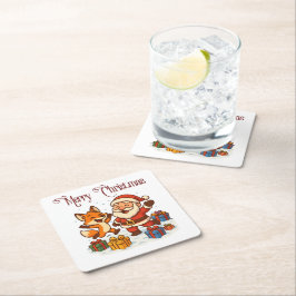 Fox and Santa Christmas Paper Coaster Vierkante Kartonnen Onderzetter