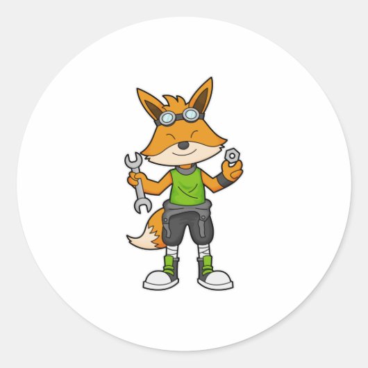 Fox as Mechanic with Wrench & Nut Ronde Sticker (Voorkant)