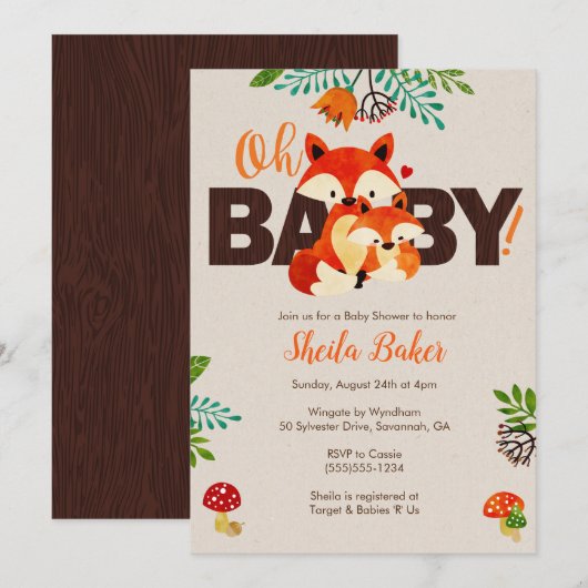 Fox Baby shower Invitation - Baby Fox Invitations Kaart (Voorkant / Achterkant)