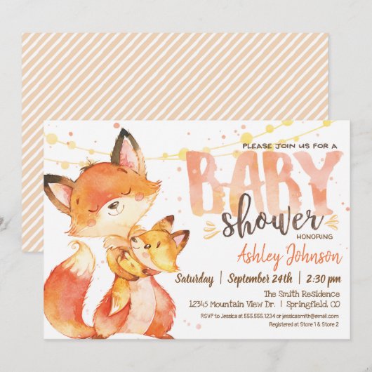 Fox Baby shower invitation Genre Neutral Woodland (Devant / Derrière)