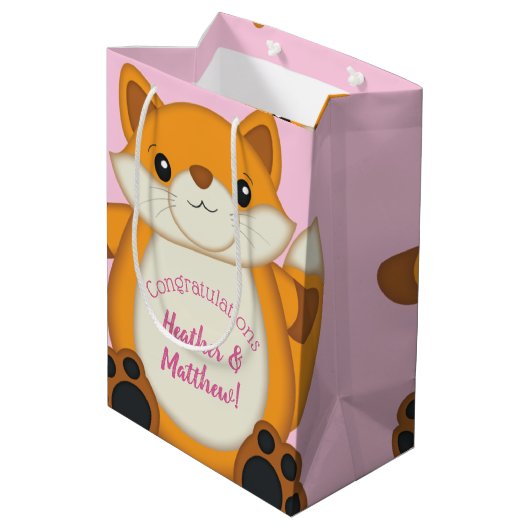 Fox Baby shower Roze Medium Cadeauzakje (Achterkant Gekanteld)