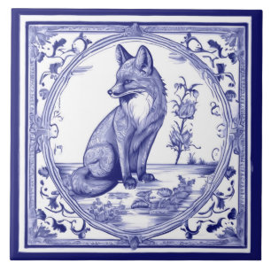 Fox Blauw en Wit Aziatisch Stijl Folk Animal Art Tegeltje