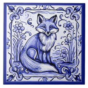 Fox Blauw en Wit Mediterraans Folk Animal Art Tegeltje