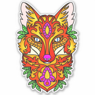 Fox boho abstracte kunst wolf paarse rood geel sticker