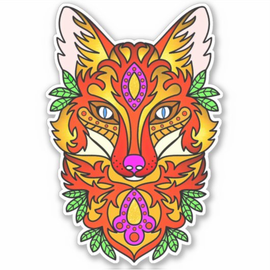 Fox boho abstracte kunst wolf paarse rood geel sticker (Voorkant)