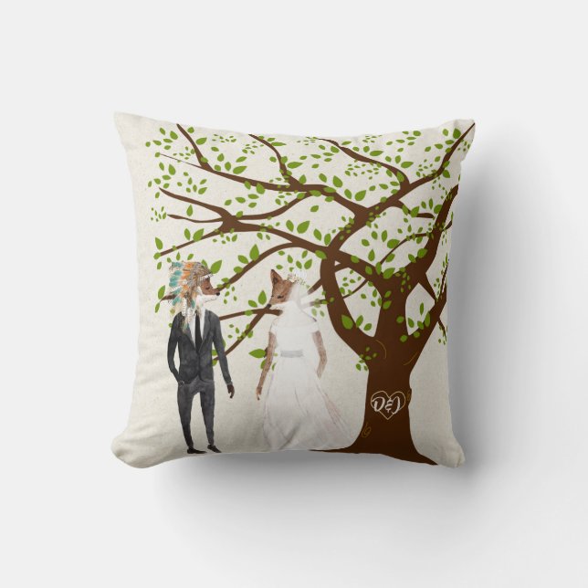 Fox Bride en Groom met boomInitialen Kussen (Voorkant)