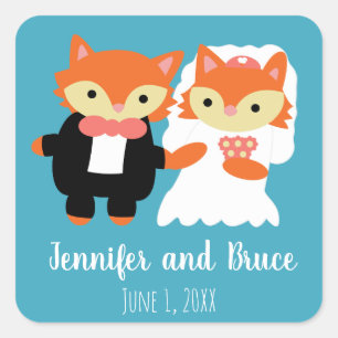 Fox Bruiloft Schattig Blauw Personaliseren Vierkante Sticker