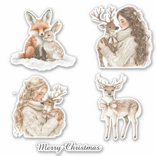 Fox Bunny Deer Girl Christmas Sticker (Voorkant)