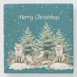 Fox Christmas Tree Sleigh Snowflakes Stenen Onderzetter