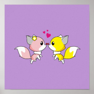 Fox Couple Kust met Little Hearts Overhead Poster