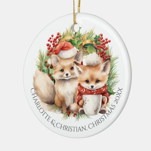 Fox Couple Winter Wreath Kerstmis op maat Keramisch Ornament (Links)