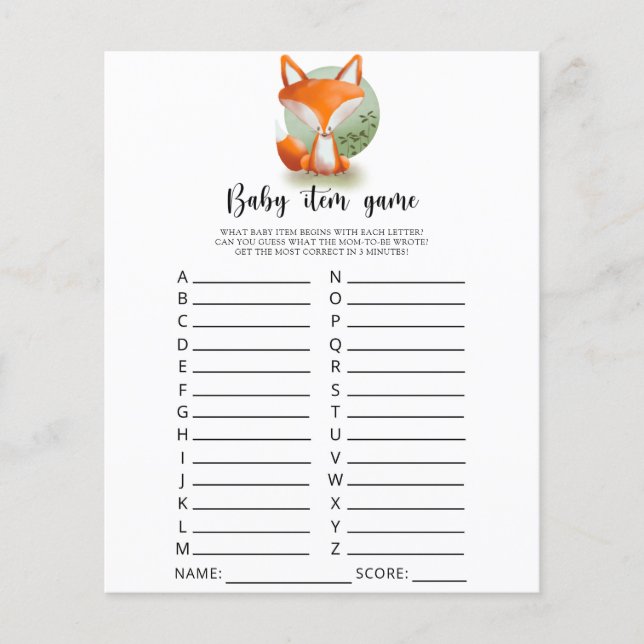 Fox cub Baby Item Game. Baby shower game (Voorkant)