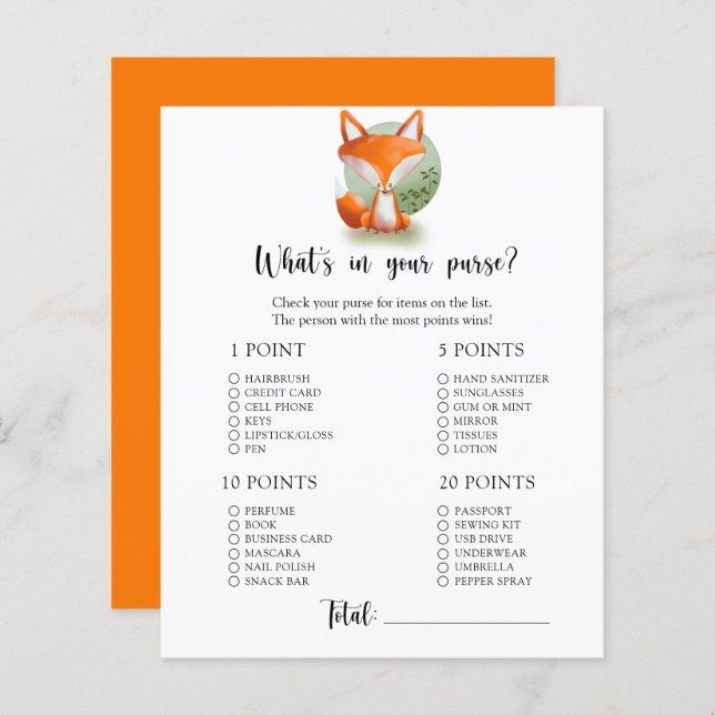 Fox cub - Wat zit er in je paarse baby shower game (Voorkant / Achterkant)