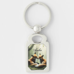 Fox Cuddle in Misty Forest gepersonaliseerd Sleutelhanger