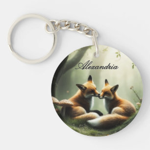Fox Cuddle in Misty Forest gepersonaliseerd Sleutelhanger