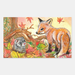 Fox en Ferret in Autumn Leaves Rechthoekige Sticker