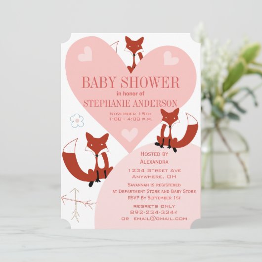 Fox en hart Babymeisje Shower-uitnodigingen Kaart (Staand voorkant)