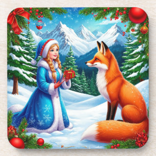 Fox en Snow Maiden in de winterse woudscene Bier Onderzetter
