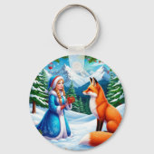 Fox en Snow Maiden in de winterse woudscene Sleutelhanger (Achterkant)